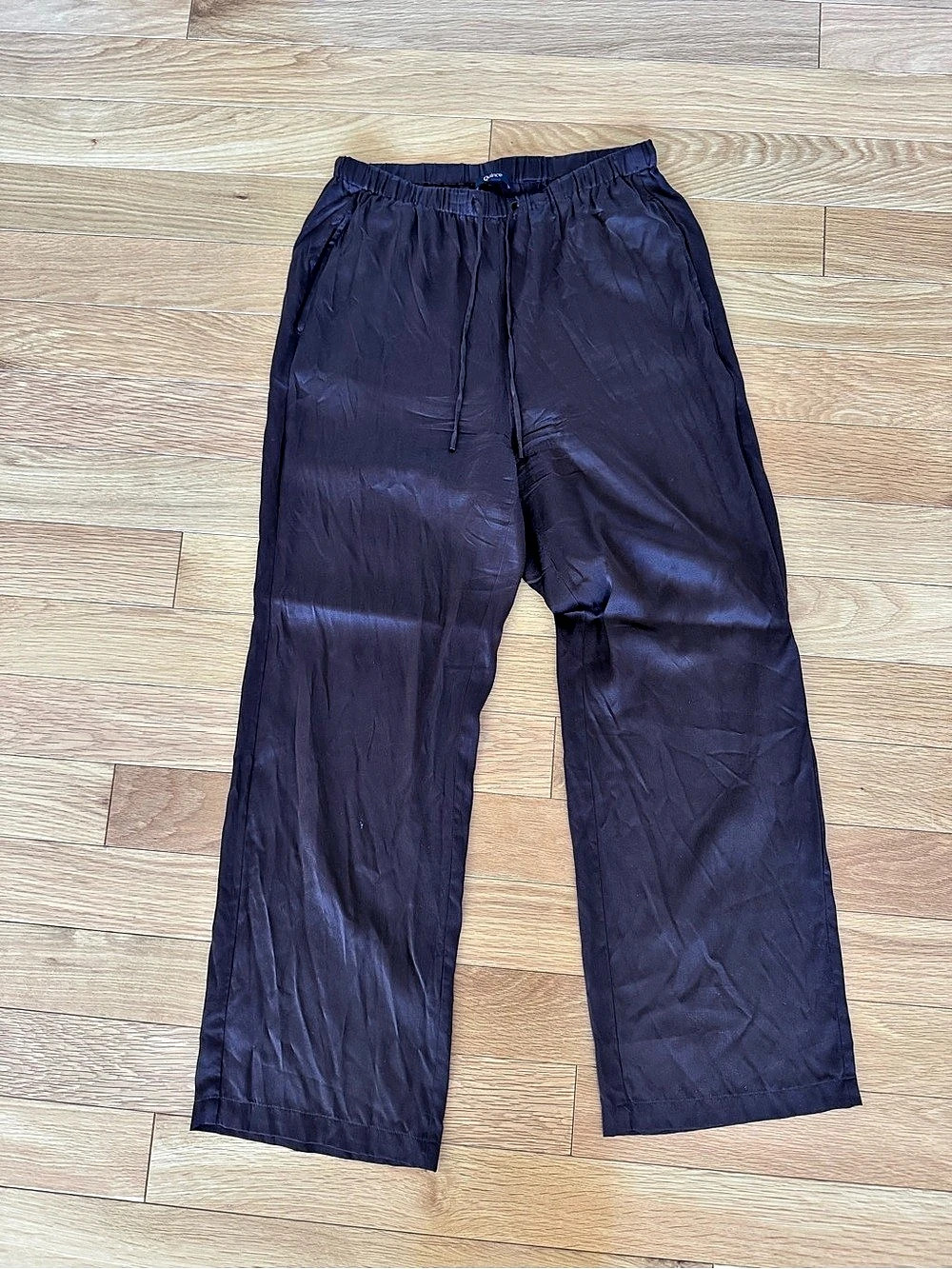 Quince 100% Washable Silk Drawstring Wide Leg Pants - Brown Small 28”